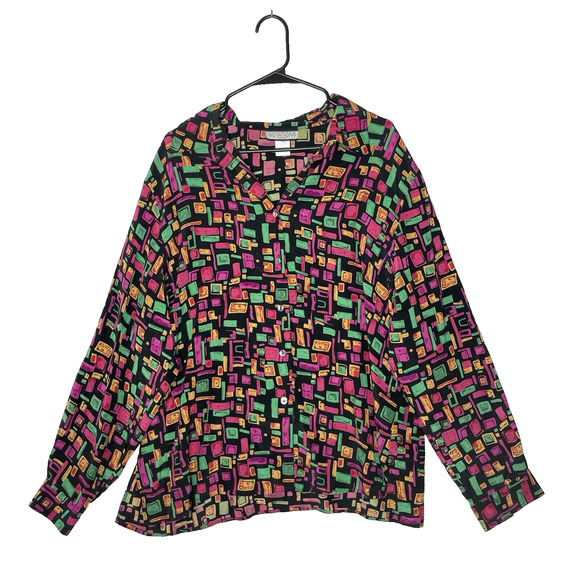 Retro 100% Silk Blouse Size 20W Abstract Geometric 80s Colorful Disco Bowling - Picture 1 of 7